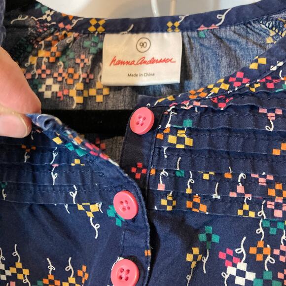 Hanna Andersson Cotton Dark Blue Geometric Floral Long Sleeve Button Shirt Top - Picture 6 of 7